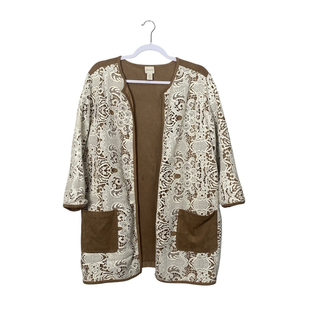 Chico’s Lace Faux Suede Open Front Cardigan Jacket Brown Cream Boho Size 3